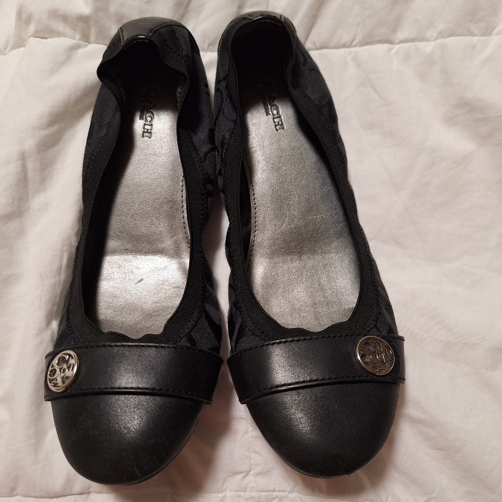 Coach Dalia Signature Ballet Flat Shoes Sz 7 Black Leather Fabric  Logo  Luxury